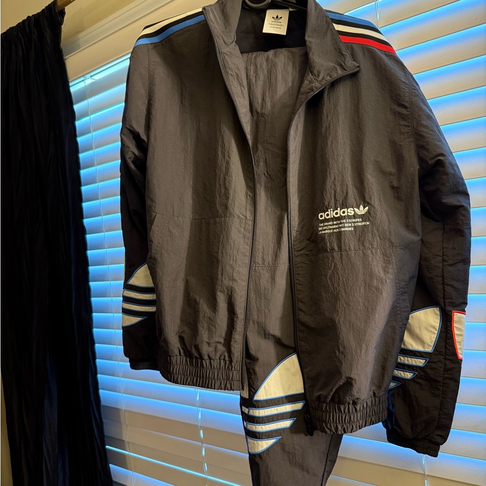 Adidas Men's Black Windbreaker with Blue and Red Stripes